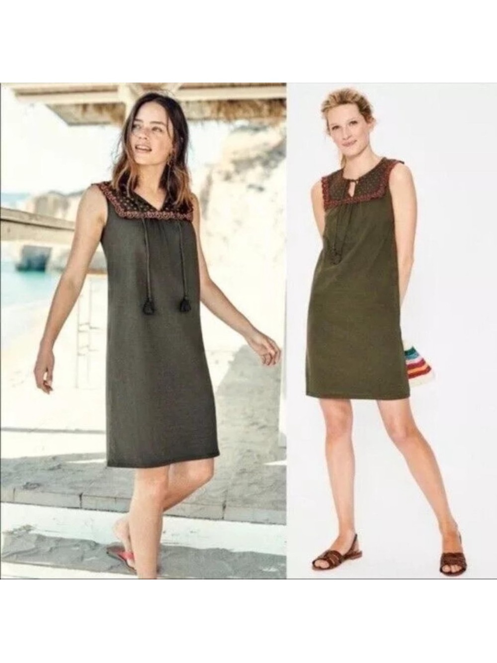 Boden Nella Olive Green Knit Pink Tassel Jersey Shift Dress Size 6